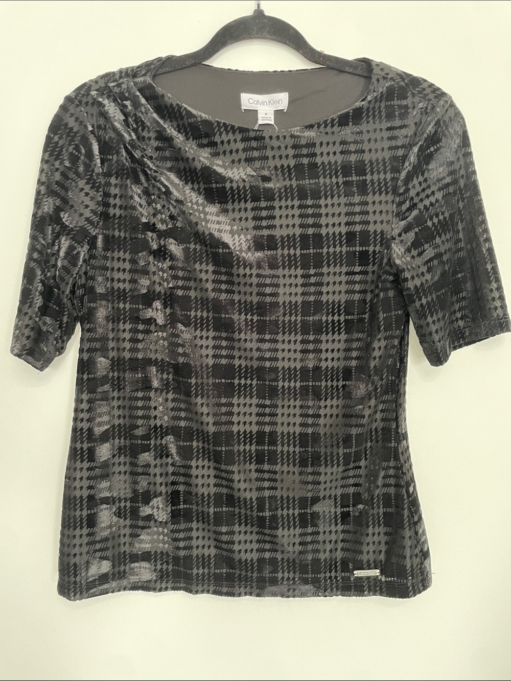 Calvin Klein Gray and Black Plaid Velvet Short Sleeve Top